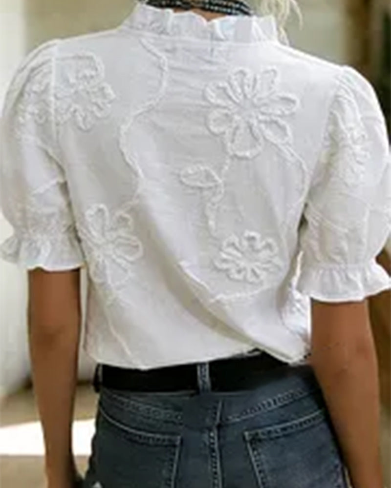 V-Neck Ruffle Trim Puff Sleeve Blouse