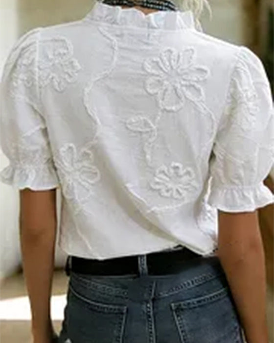 V-Neck Ruffle Trim Puff Sleeve Blouse