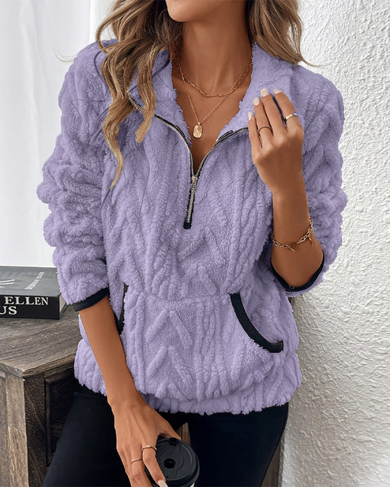 Lapel Zipper Front Fuzzy Sweatshirt