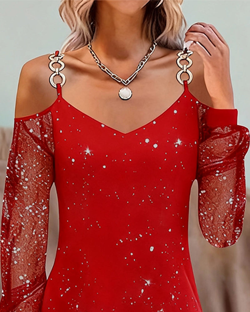 Suspender Splicing Mesh Long Sleeve Dress