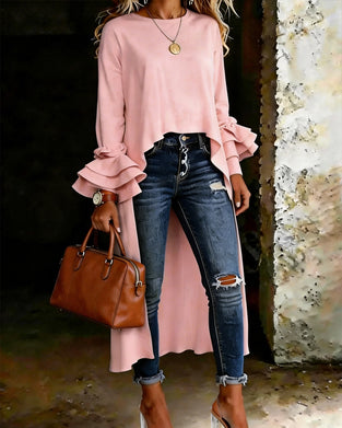 Front Short Back Long Ruffled Sleeve Blouse