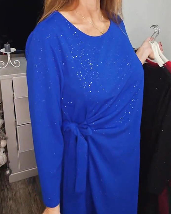 Round Neck Long Sleeves Knotted Waist Dress