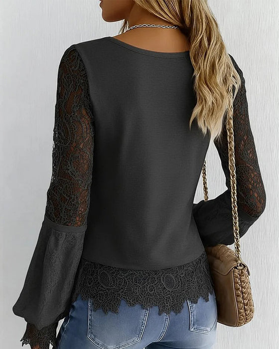 Patchwork Long-Sleeved V-Neck Top