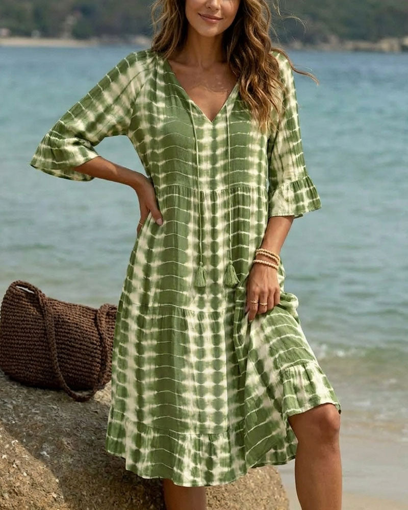 V-Neck Gradient Print Vacation Dress