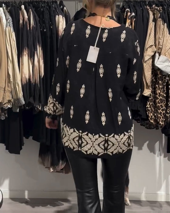 V-neck lantern sleeve printed shirt