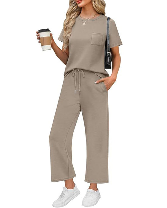 Solid Color Short Sleeve and Long Pants Set