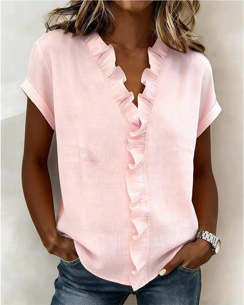 Pure Cotton Short-Sleeved Blouse With Ruffled Collar