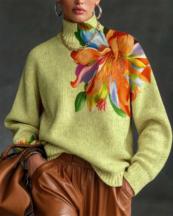 Turtleneck Floral Contrast Long-Sleeve Pullover