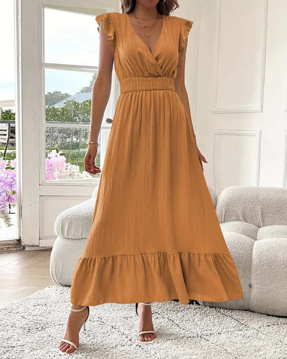 V-Neck Solid Color Waist Slim Dress