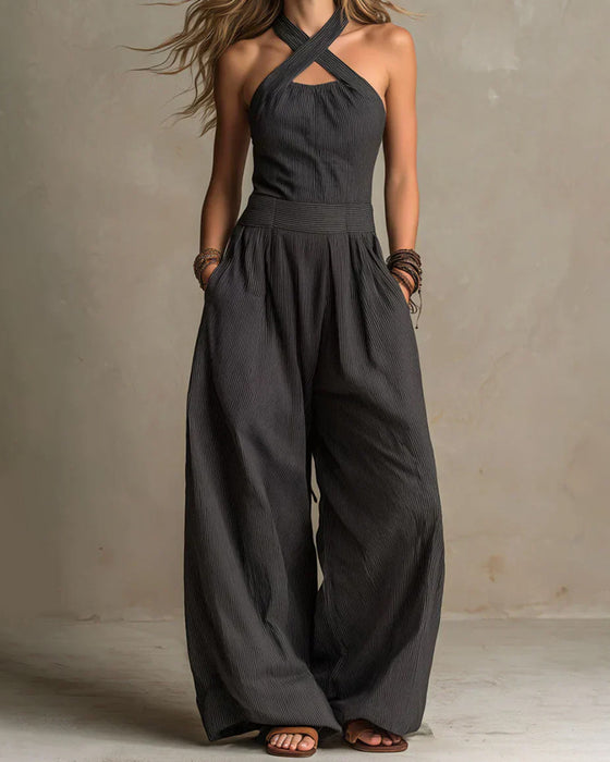 Halter Cross Sleeveless Stripe Jumpsuit
