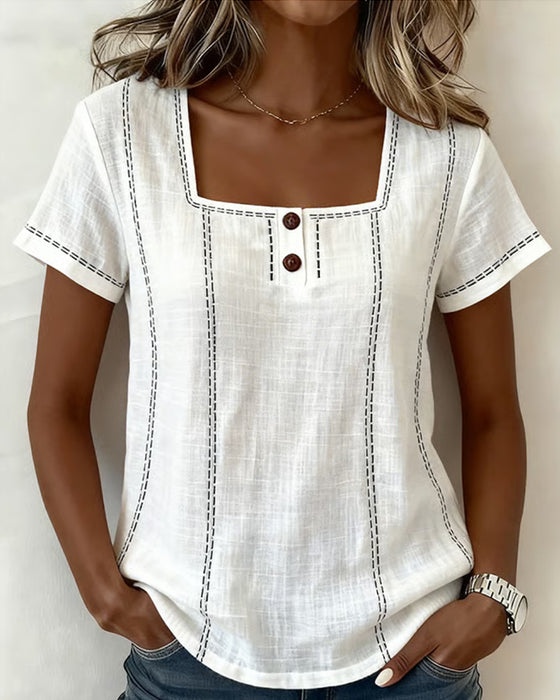 Small Square Neck Solid Button Blouse