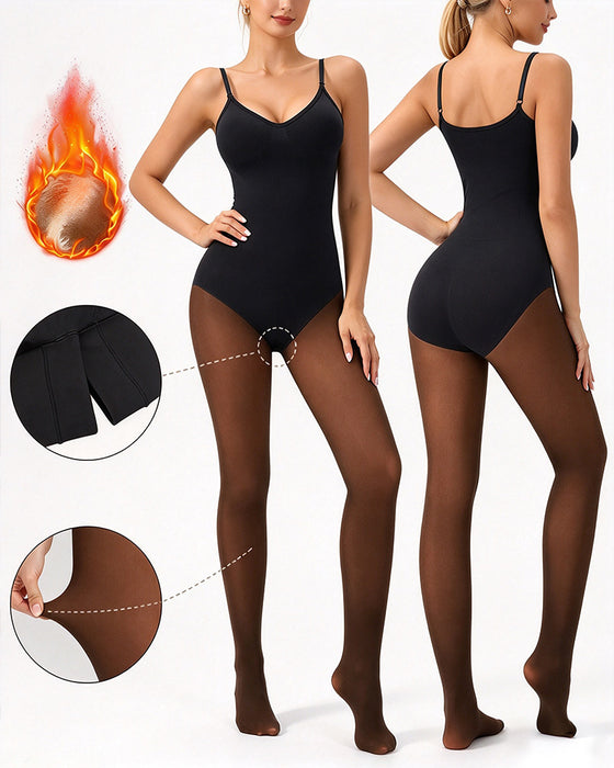 Sheer-Panel with Fleece Lined Tights Stay-Warm Tummy Control Sheer Effect Tights Bodysuit