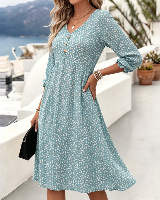 V-Neck Floral Puff Sleeve A-Line Dress