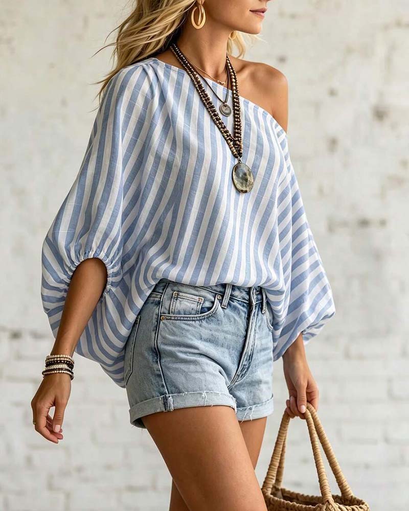Asymmetric Neck Stripe Puff Sleeve Blouse