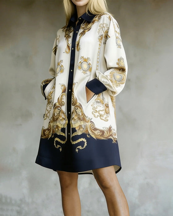 Lantern Sleeve Printed Lapel Shirt Dress