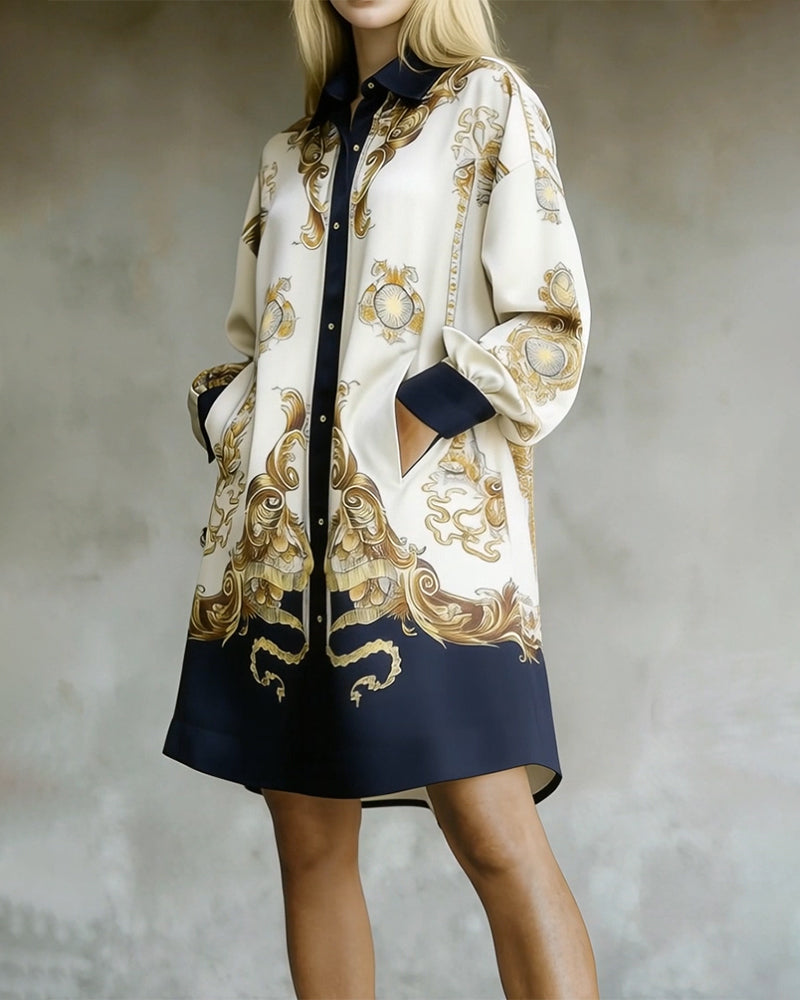 Lantern Sleeve Printed Lapel Shirt Dress