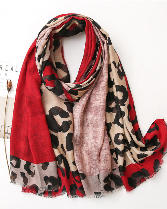 Women's Leopard Patchwork Print Fringe Shawl Scarf