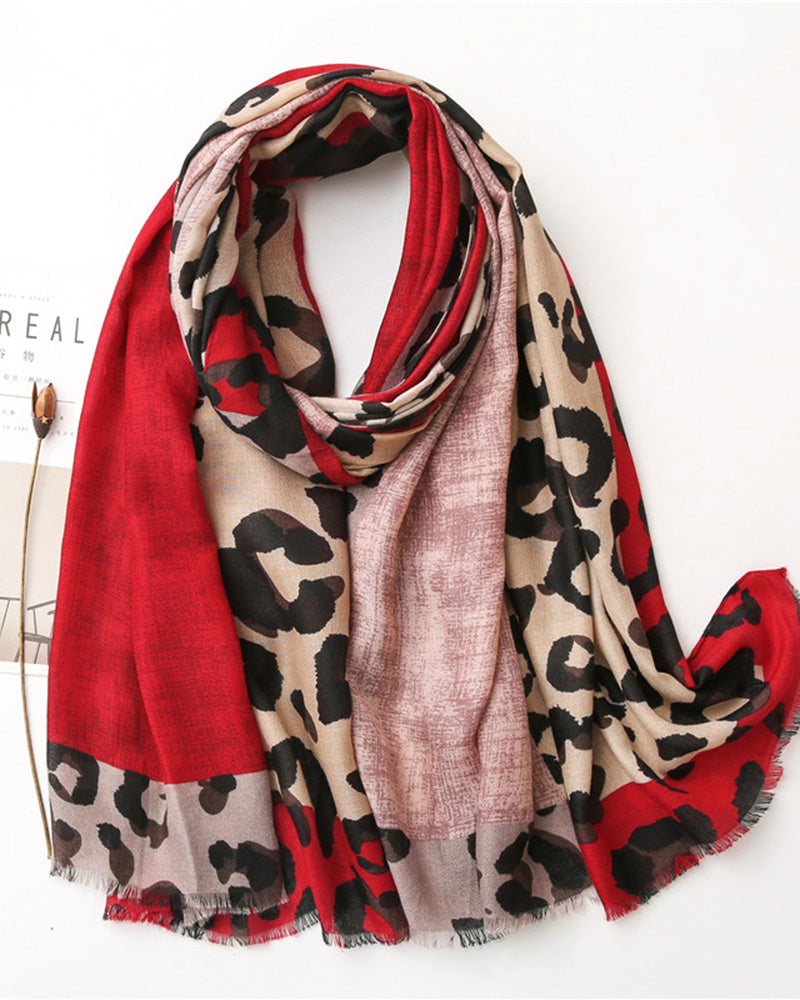 Women's Leopard Patchwork Print Fringe Shawl Scarf