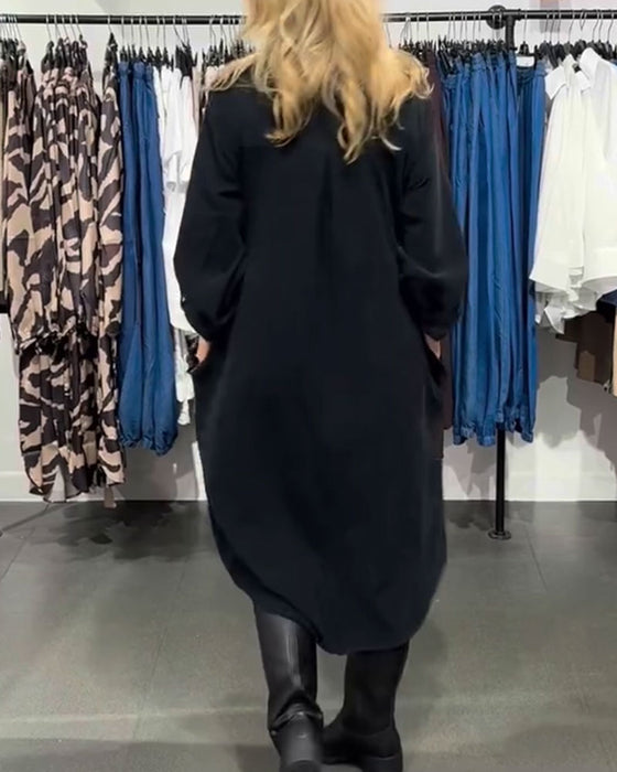 Lapel Pocket-Breasted Long Shirt Dress