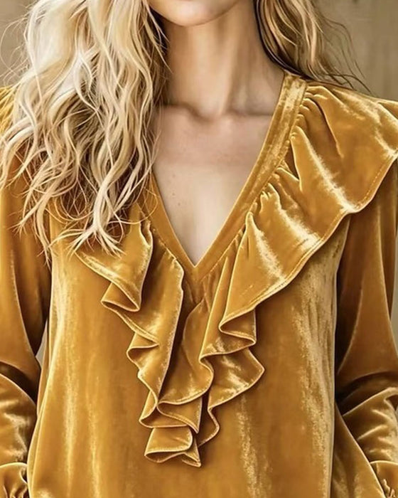 Ruffled V-Neck Long-Sleeved Top