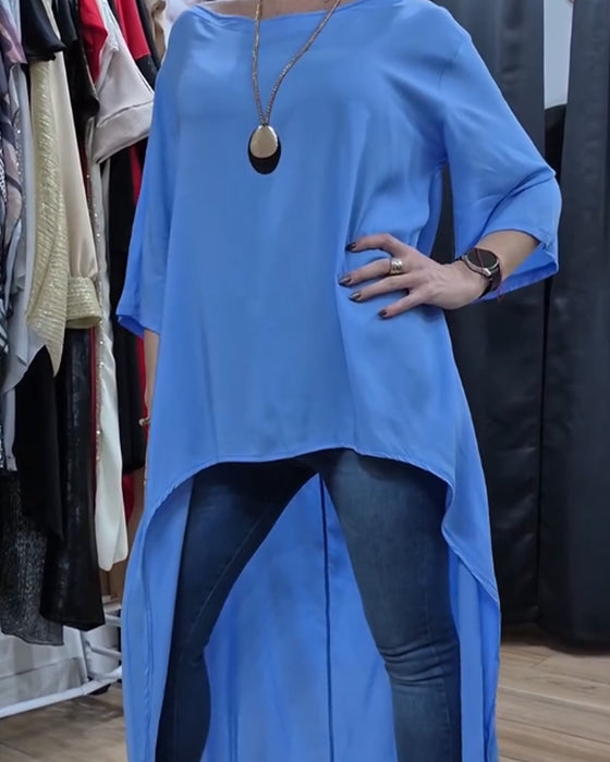 Three-Quarter Sleeve Irregular Solid Loose Top