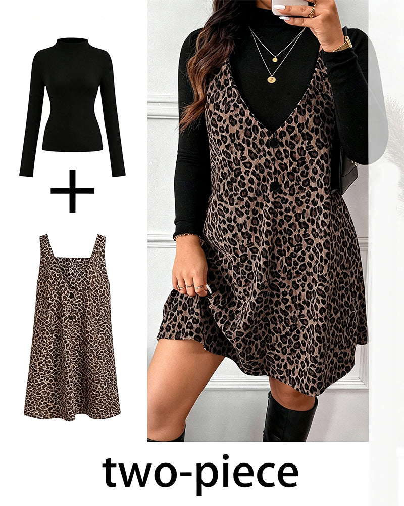 Turtleneck Slim Fit Leopard Print Jumpsuit Skirt Set