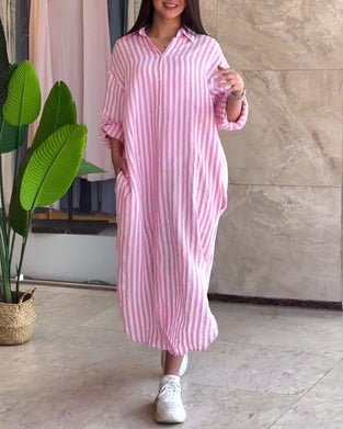 Loose Lapel Striped Dress