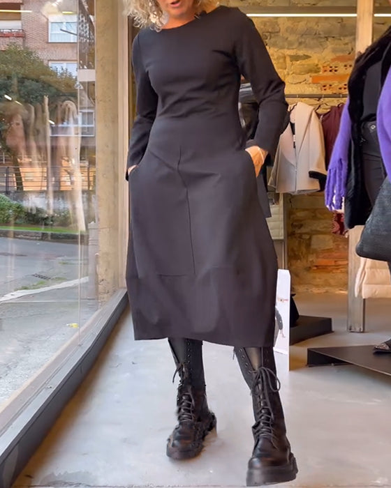 Solid color round neck  A-line dress