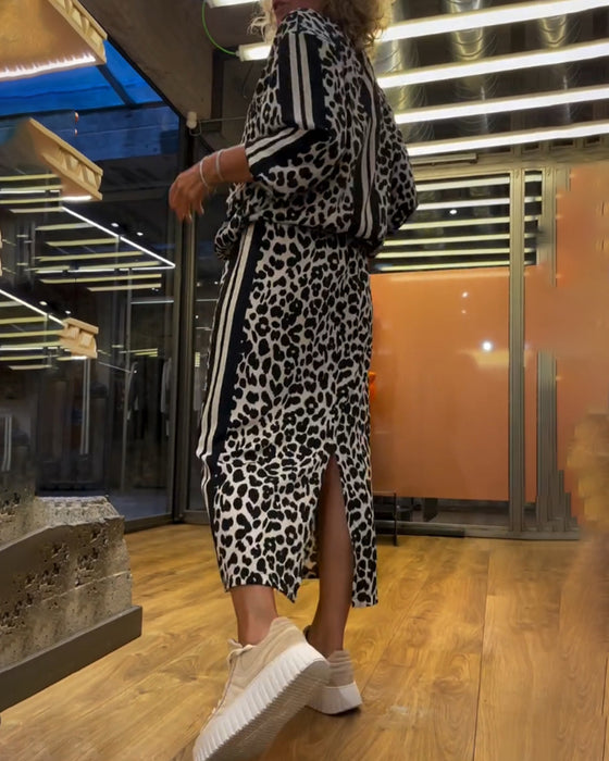 Leopard print striped skirt two-piece set