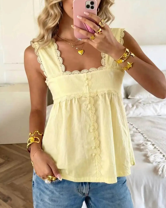 Solid Color Square Neck Lace Tank Top