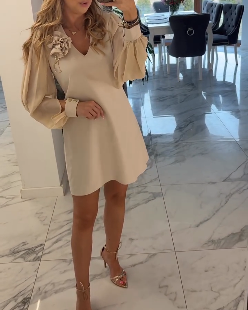 Three-Dimensional Flower V-Neck Lantern Sleeve Dress