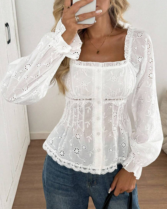 Square Neck Lace Trim Cutout Bubble Sleeve Blouse