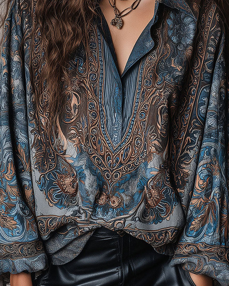 Retro Print V-Neck Lapel Sophisticated Blouse