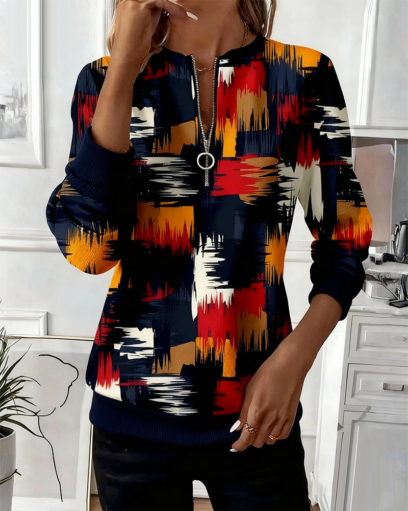 Casual Zipper Printed Fashion Pullover Sweatshirt