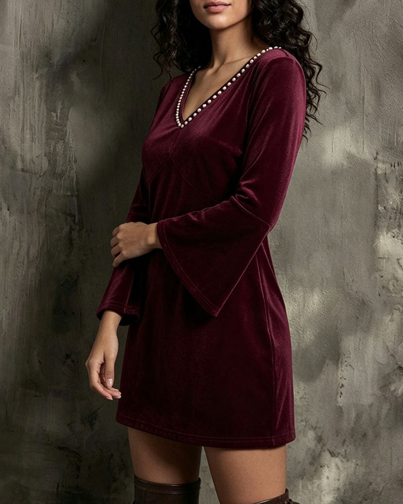 V-Neck Flare Sleeve Long Sleeve Dress