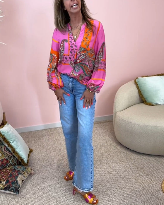 Fashion printed V-neck long sleeve blouse