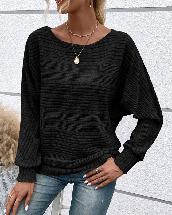 Solid Color Round Neck Long Sleeve Striped Top