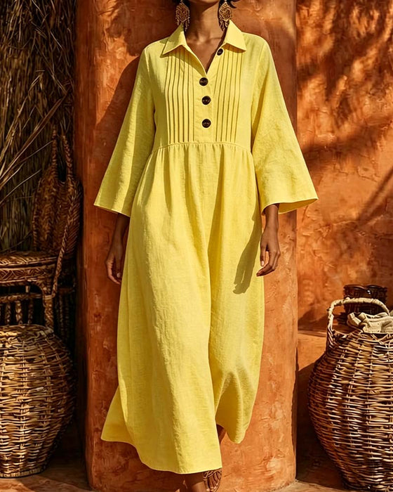 Shirt Collar Shirred Long Sleeve Dress