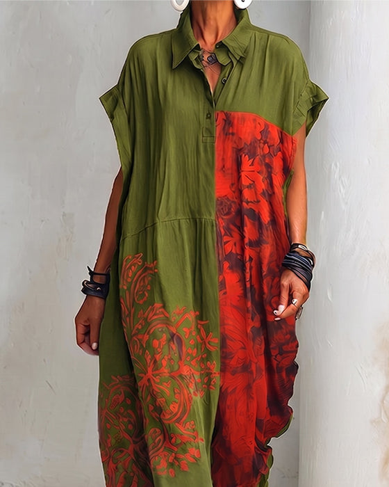 Lapel Print Loose Shirt Dress