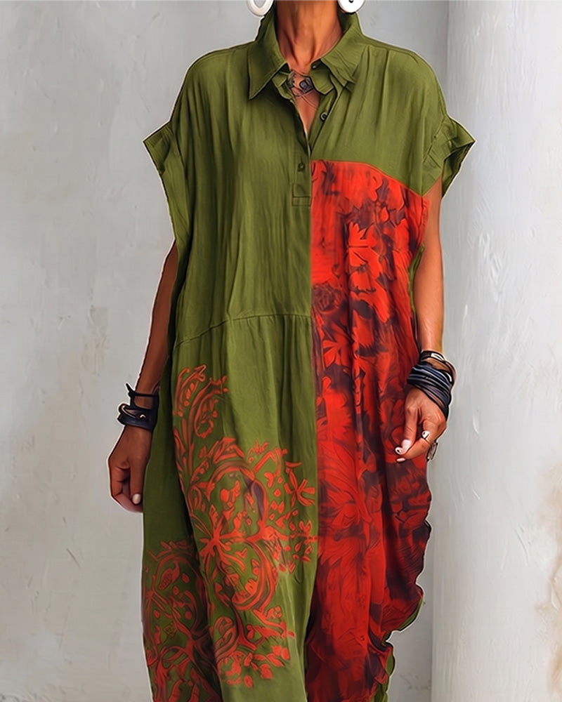 Lapel Print Loose Shirt Dress