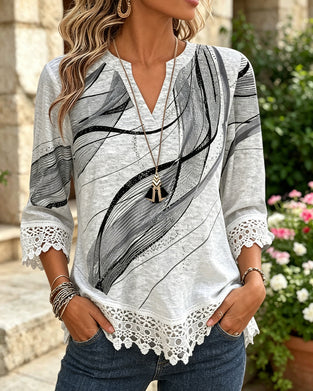 Abstract Print Lace Hem T-Shirt