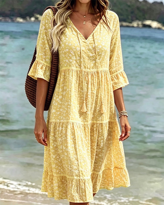 Tie V-Neck Ruffle Floral A-Line Dress