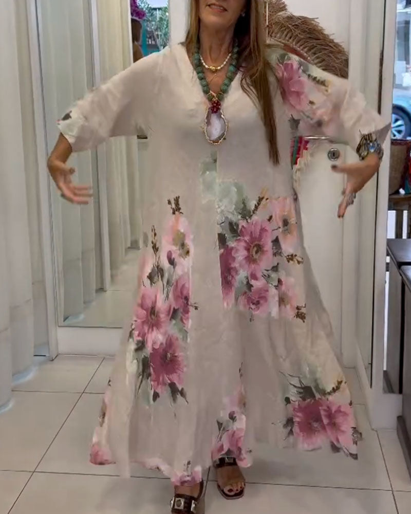 Loose V-Neck Printed Long Dress