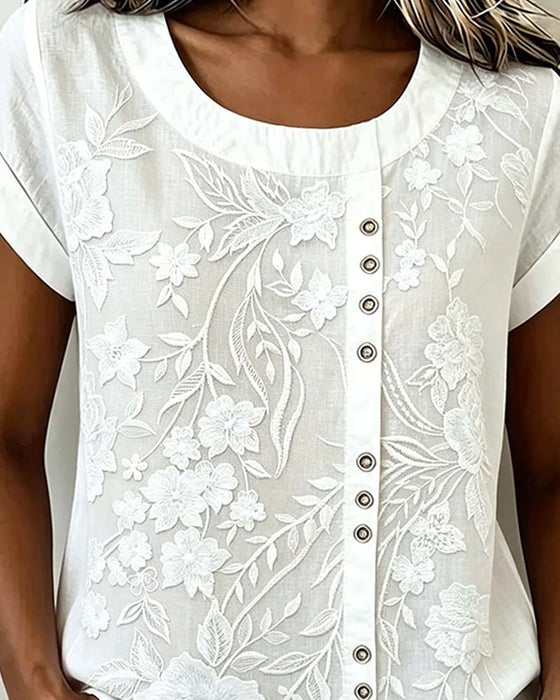 Floral Button Crewneck Short Sleeve Blouse