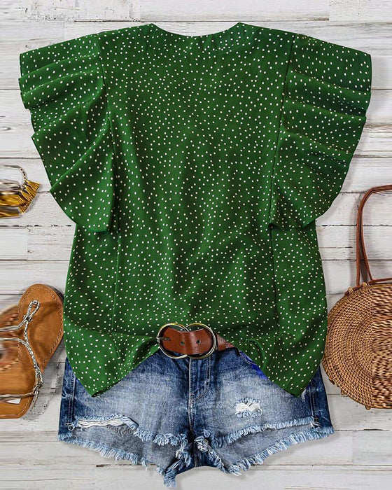 Ruffle Sleeve V-Neck Polka Dot Blouse