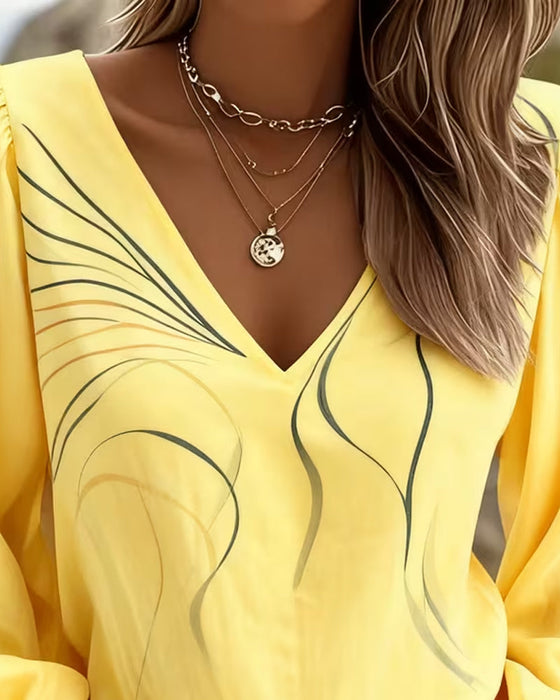 V-Neck Line Printed Puff Sleeve Blouse