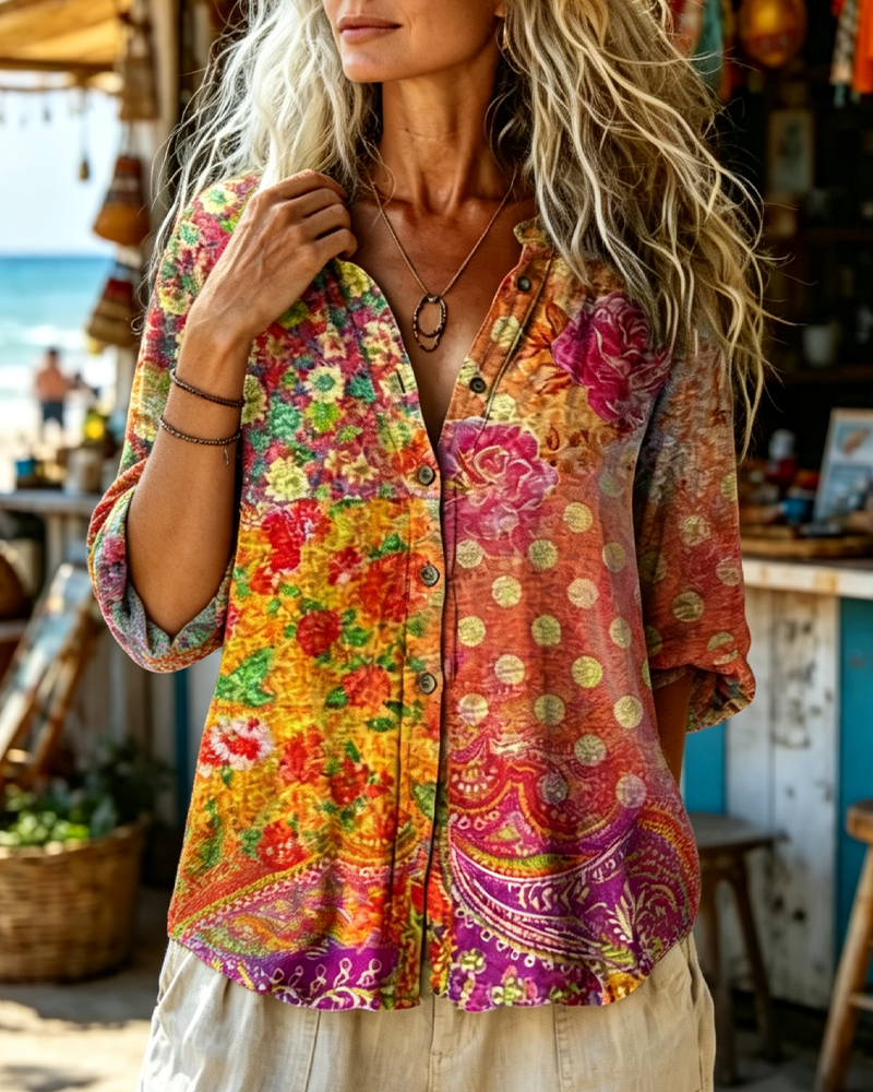Vintage Floral Polka Dot Print Long Sleeve Shirt
