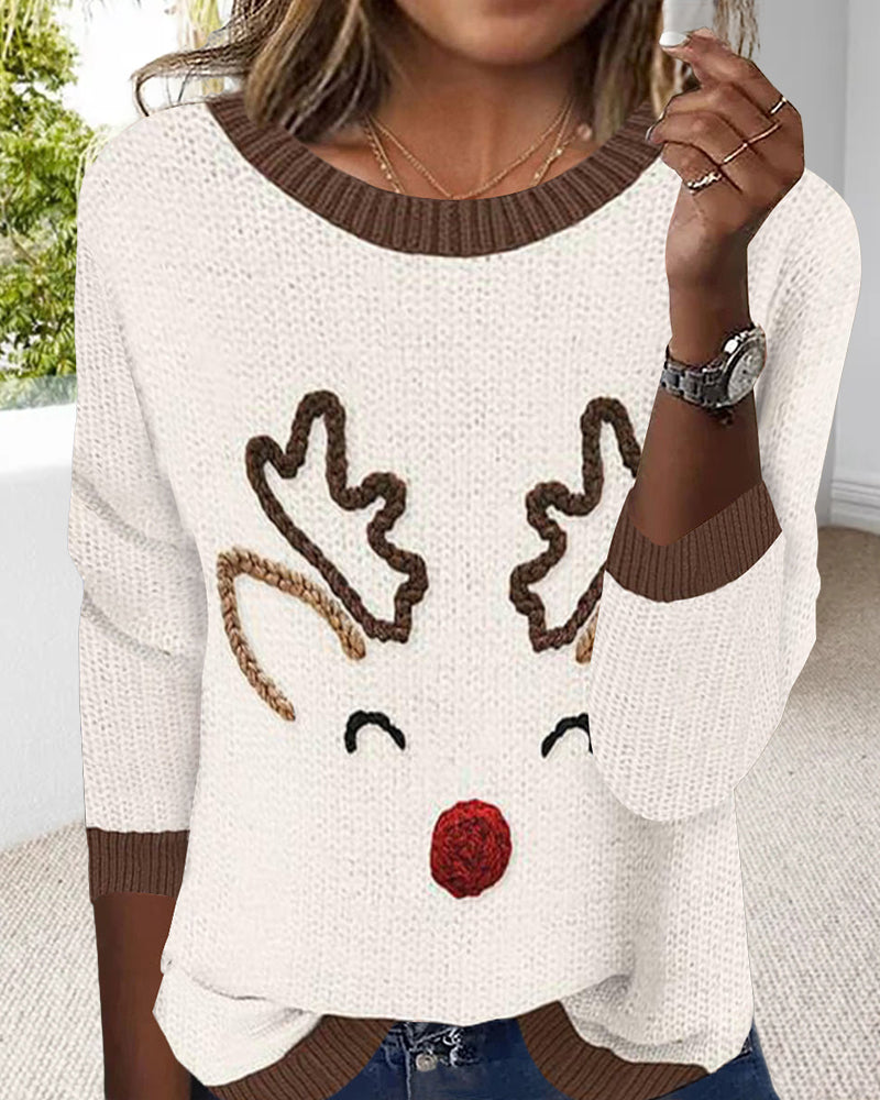 Casual Crewneck Christmas Pattern Sweater