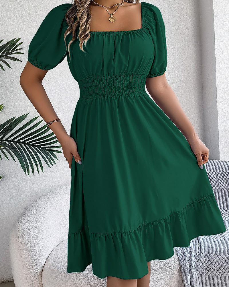 Square Neck Cinched Waist Ruffle A-Line Dress