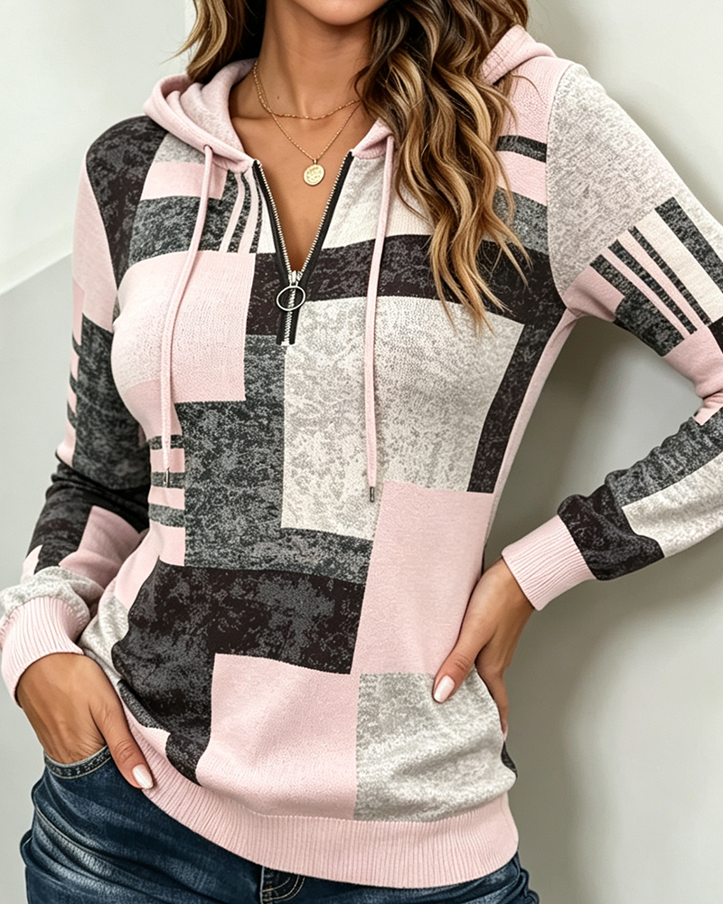 Half-Zip Casual Contrast Plaid Hoodie